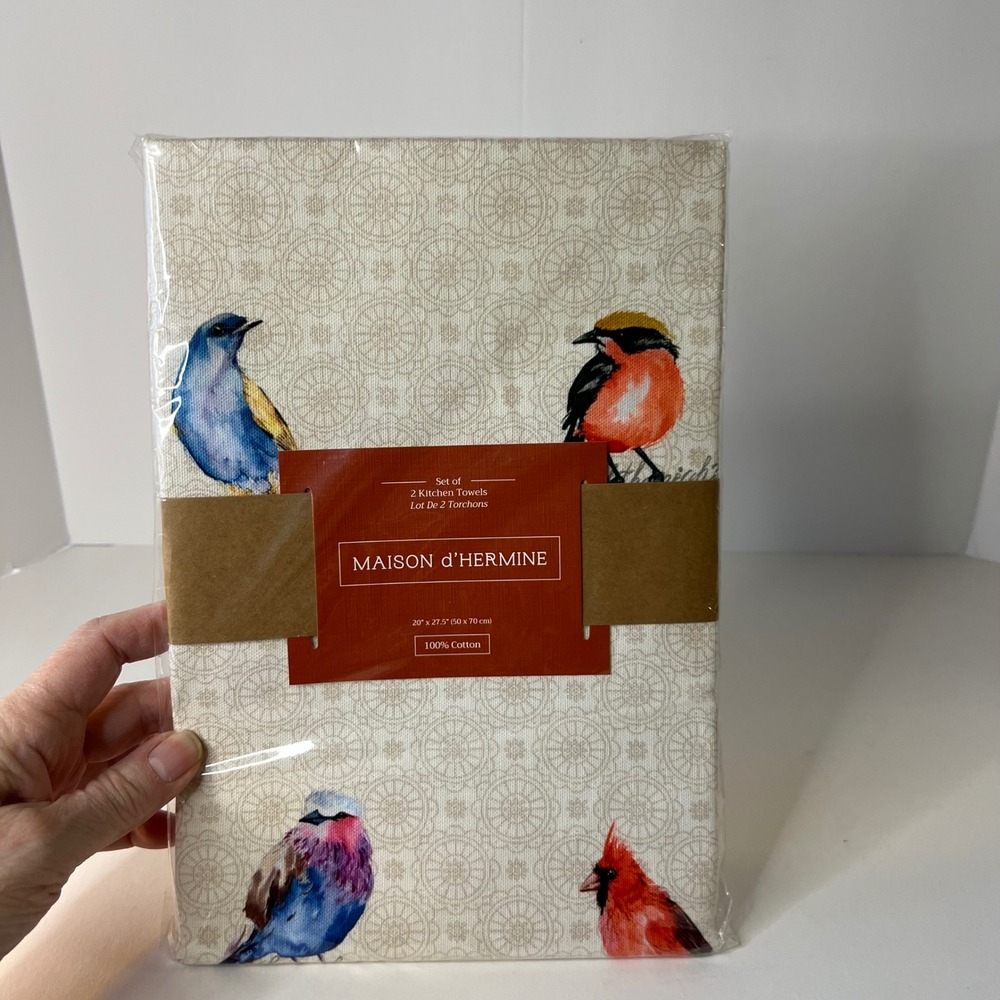Maison d'Hermine Birdies On Wire Kitchen Towel Set of 2 Cotton 20 x 27.5" NIP